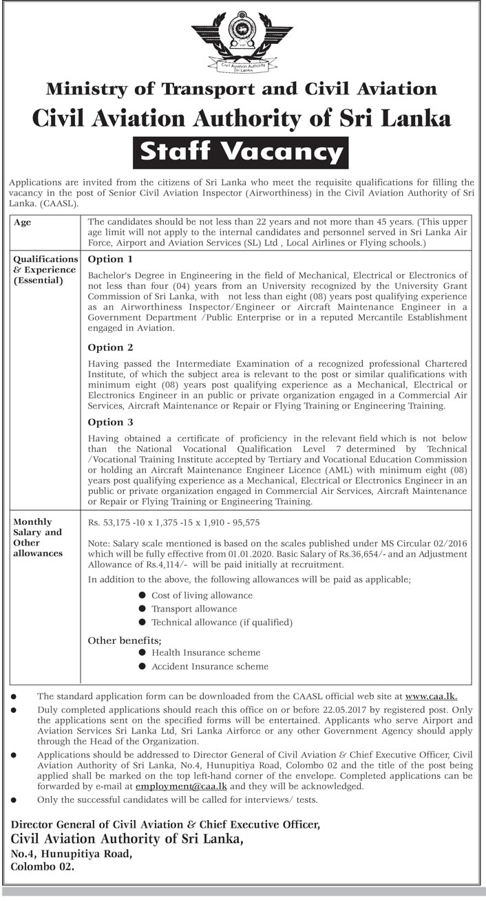 Senior Civil Aviation Inspector (Airworthiness) - Civil Aviation Authority of Sri Lanka